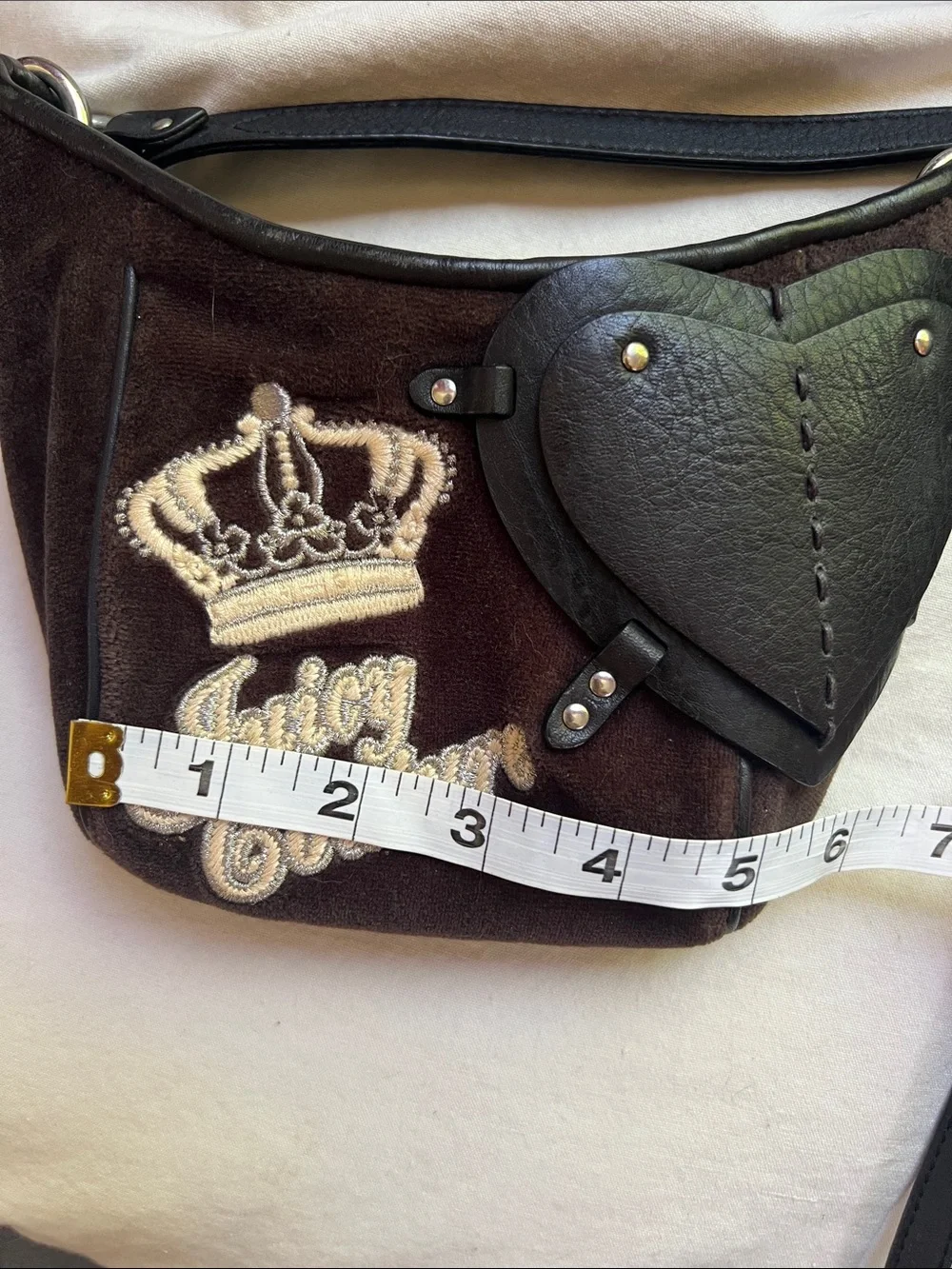 Vintage Juicy Couture Crossbody Brown Purse Black Leather Heart Velour 90s Y2K
